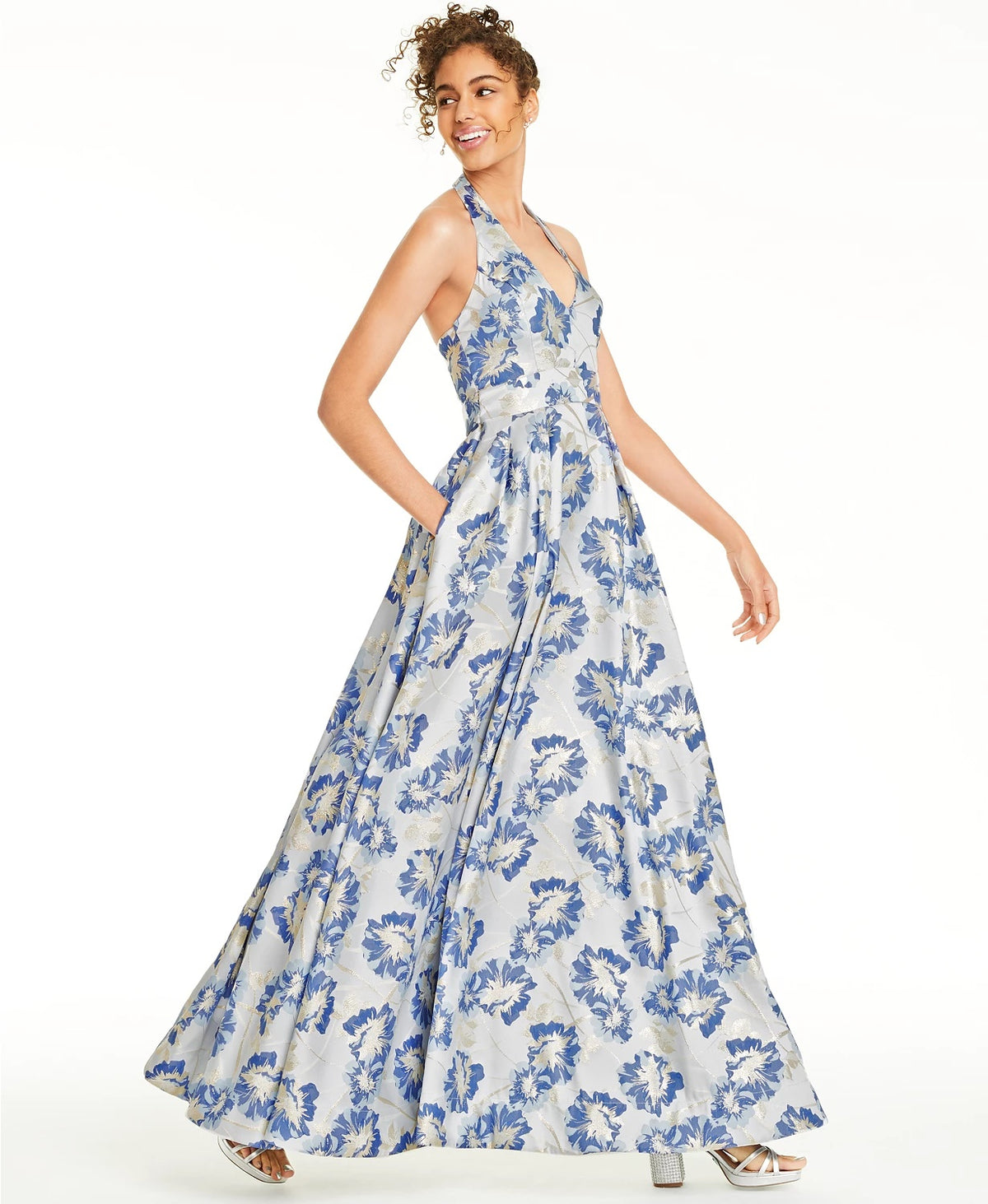 Speechless Juniors' Metallic Floral Brocade Halter Gown Blue Size 9