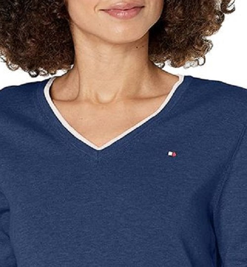 Tommy Hilfiger Women's Cotton V-Neck Sweater Blue Size X-Large