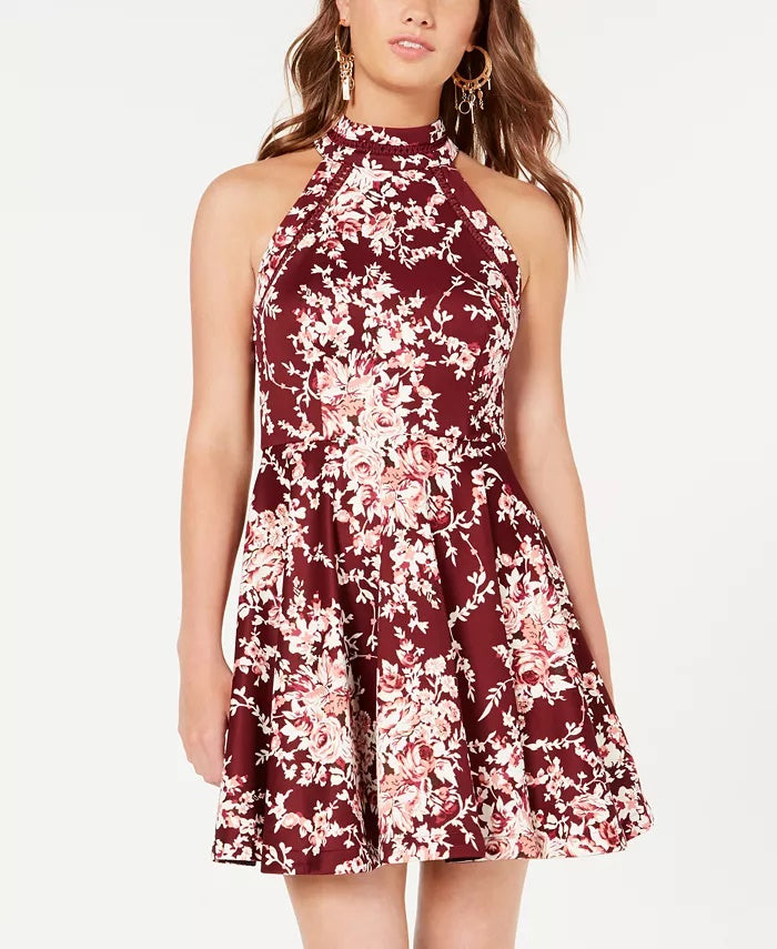 B Darlin Juniors' Printed Mock-Neck Crochet-Trim Fit & Flare Dress Red Size 7