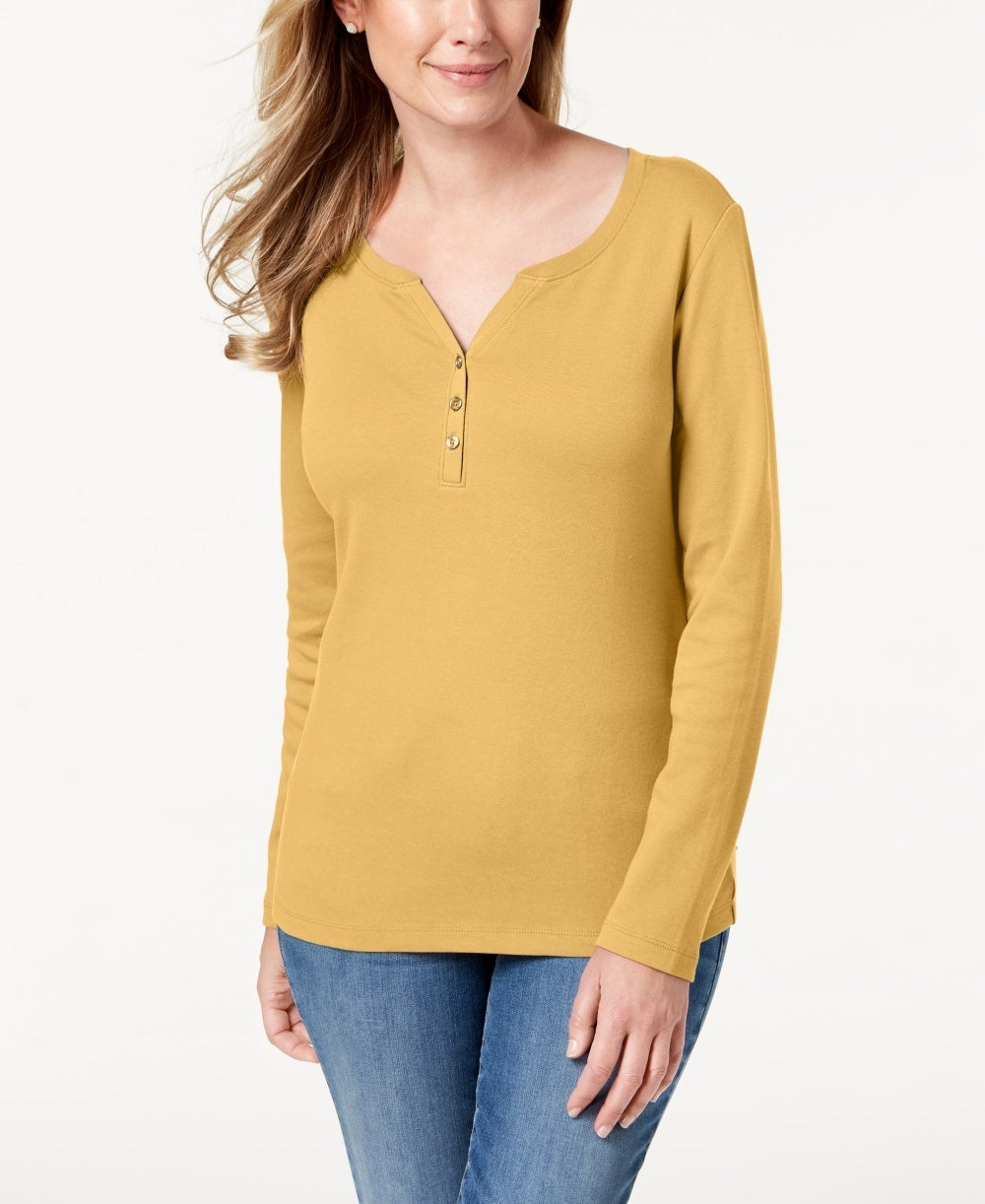 Karen Scott Women's Cotton Henley Top  Beigekhaki Size Small