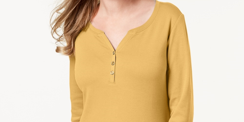 Karen Scott Women's Cotton Henley Top  Beigekhaki Size Small