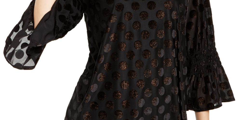 Alfani Women's Metallic Dot Bell-Sleeve Top Black Size Large