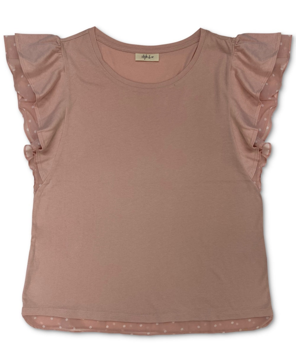 Style & Co Dot-TrimFlutter-Sleeve Top Pink Size Large