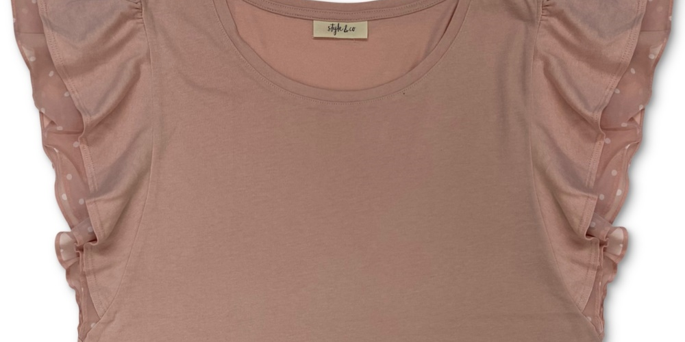 Style & Co Dot-TrimFlutter-Sleeve Top Pink Size Large