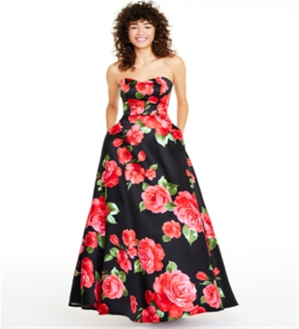 B Darlin Women's Strapless Floral Print Gown Red Size 9-10