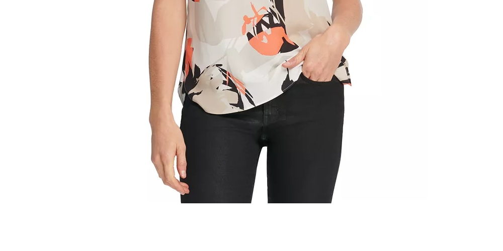 DKNY Women's Printed Cap-Sleeve Top WhiteSize Large