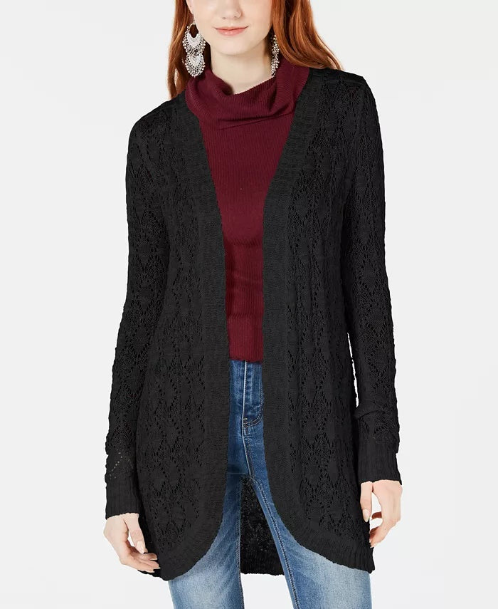 American Rag Juniors'' Crochet Open-Front Cardigan Sweater Black Size Medium