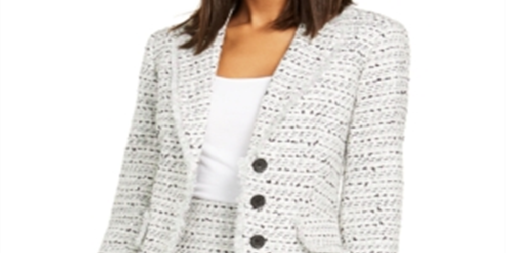 Karl Lagerfeld Women's Tweed Short Four Button Blazer White - Green Size 13
