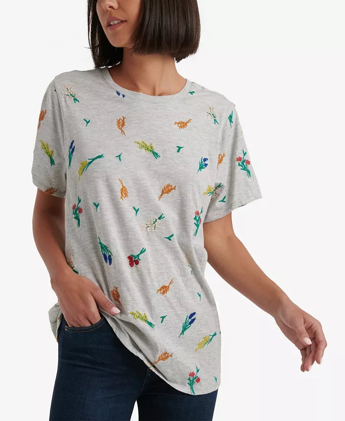 Lucky Brand Women's All Over Embroidered Floral T-Shirt Gray Size Medium