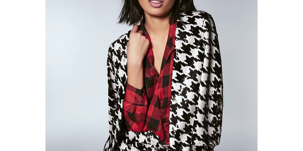INC Women's Sequined Houndstooth Jacket Black Size Small