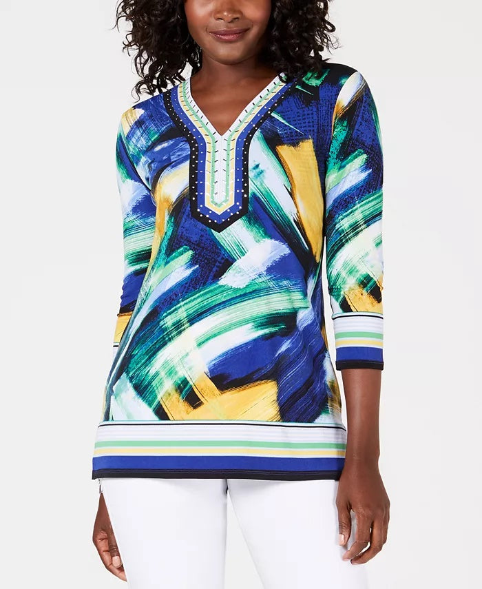 JM Collection Women's Petite Embellished Y-Neck Tunic Blue Size Petite S