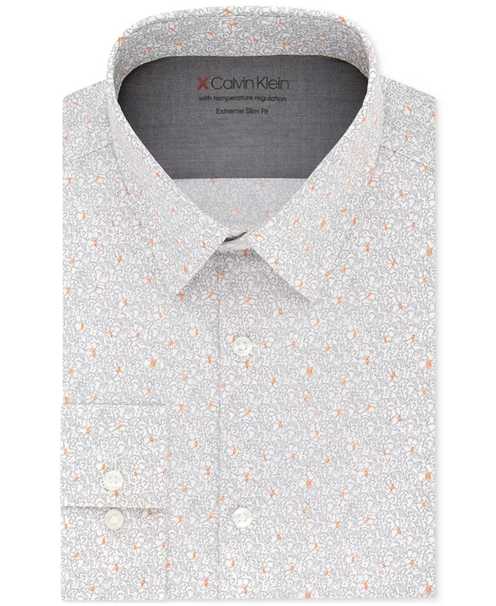 Calvin Klein Men's Extra-Slim Fit Temperature Regulating Stretch Print Dress Shirt Grey Size M 32/33