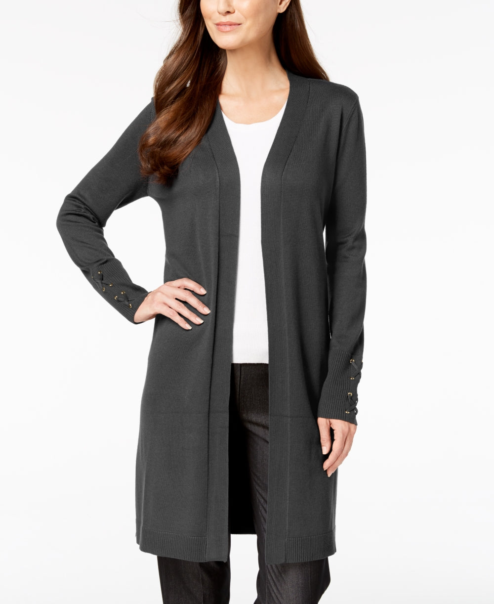 JM Collection Women's Lace-Up-Sleeve Cardigan Regular & Petite Sizes Gray Size Medium