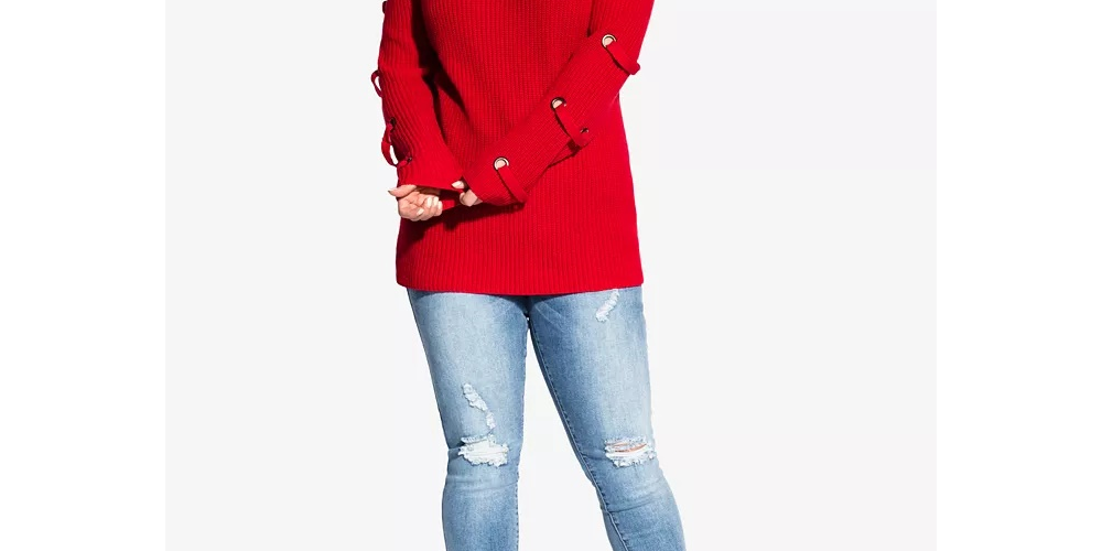 City Chic Women's Trendy Plus Size Grommet-Sleeved Sweater Red Size 22W
