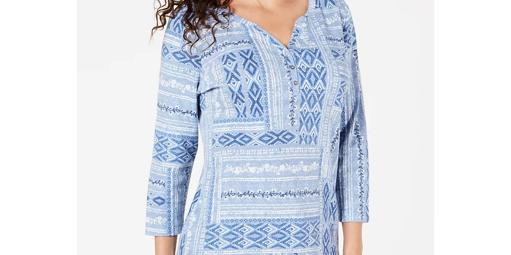 Karen Scott Women's Petite Mixed-Motif Printed Top Blue Size PL