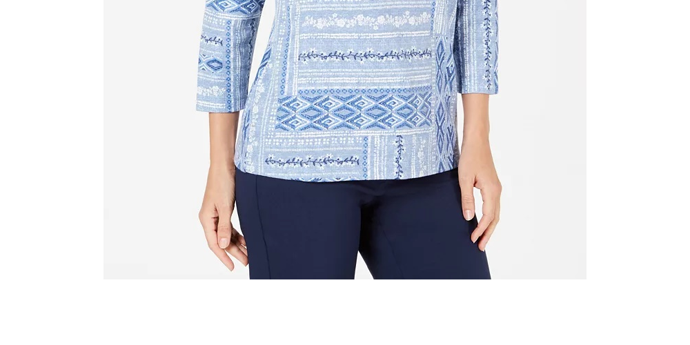Karen Scott Women's Petite Mixed-Motif Printed Top Blue Size PL