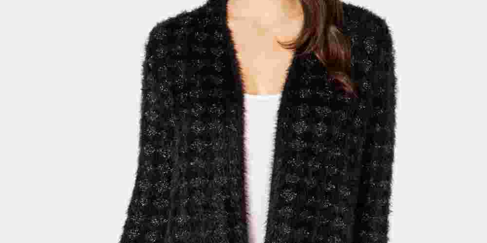 Alfani Women's Petite Eyelash-Yarn Cardigan Sweater Black Size Petite Large