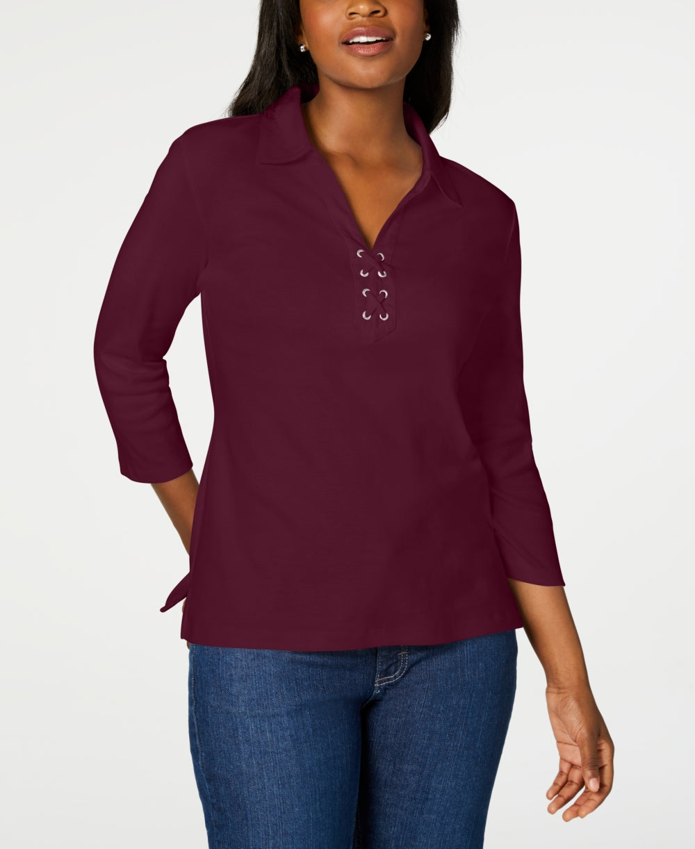 Karen Scott Women's Cotton Lace-Up Shirt Red Size X-Small