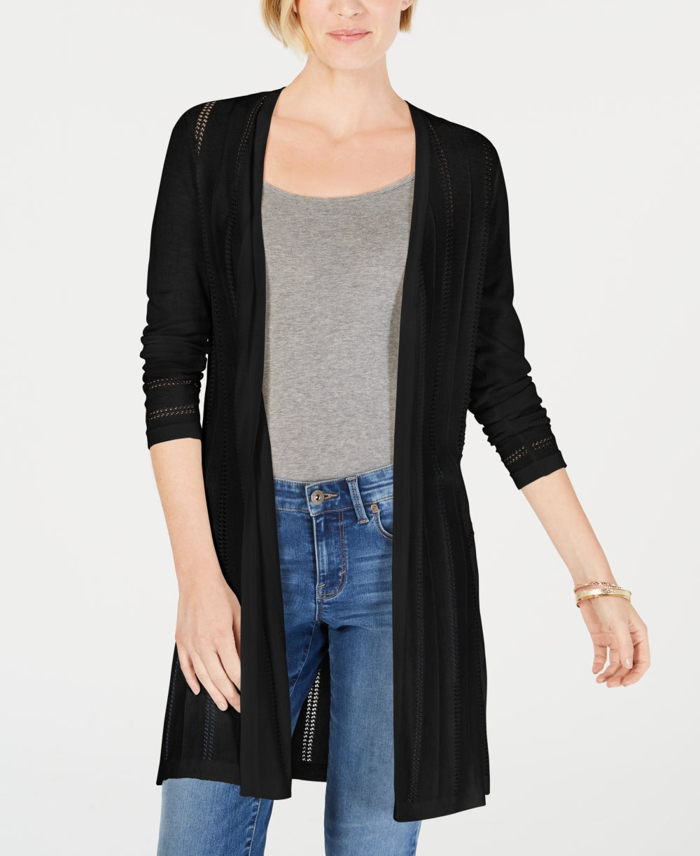 Charter Club Women's Petite Pointelle Duster Cardigan Black Size S