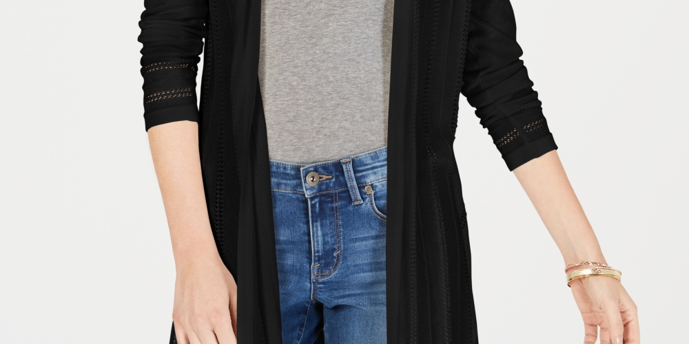 Charter Club Women's Petite Pointelle Duster Cardigan Black Size S
