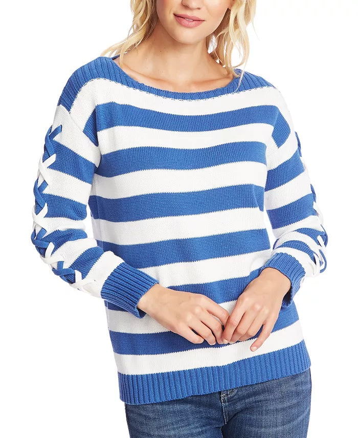 CeCe Women's Sweater Pullover Lace Up Striped Blue Size Large
