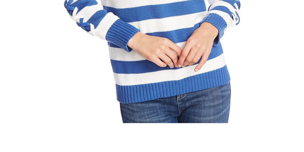 CeCe Women's Sweater Pullover Lace Up Striped Blue Size Large