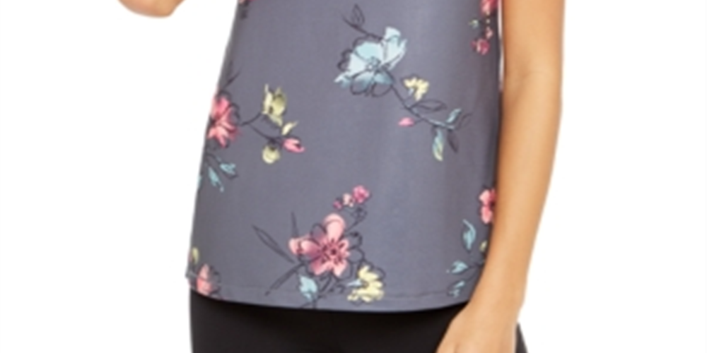 Ideology Women's Floral Print Mesh Back Tank Top Grey  Size XXL