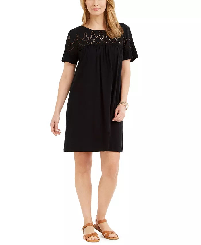 Style & Co Women's Eyelet Flutter Sleeve T-Shirt Dress Black Size Large