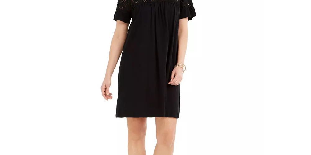 Style & Co Women's Eyelet Flutter Sleeve T-Shirt Dress Black Size Large