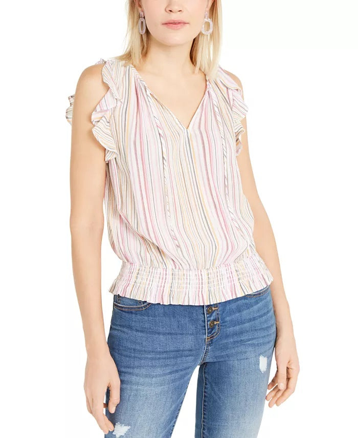 INC International Concepts Women's Striped Smocked Top  White/Blue Size Large