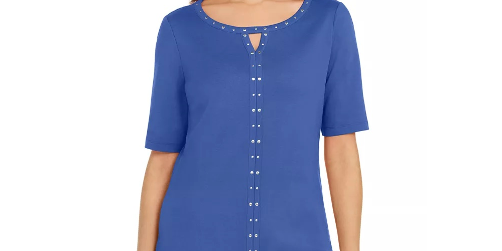 Karen Scott Women's Cotton Keyhole Studded Top Blue Size Small