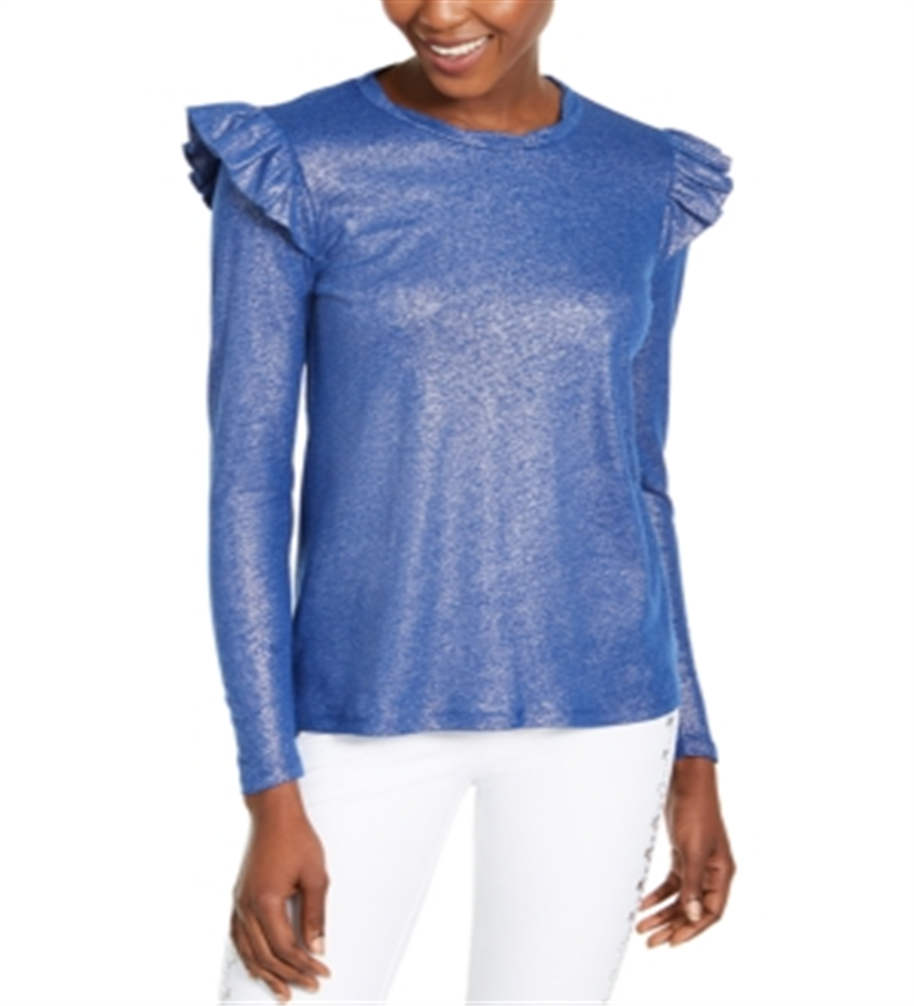 Michael Kors Women's Ruffled Metallic Long Sleeve Jewel Neck Top Blue Size X-Small