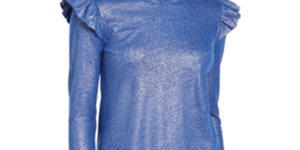 Michael Kors Women's Ruffled Metallic Long Sleeve Jewel Neck Top Blue Size X-Small