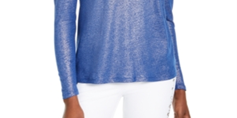 Michael Kors Women's Ruffled Metallic Long Sleeve Jewel Neck Top Blue Size X-Small