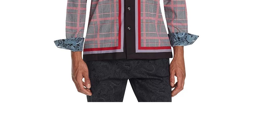Tallia Men's Slim Fit Performance Stretch Check Long Sleeve Camp Shirt Red Size Medium