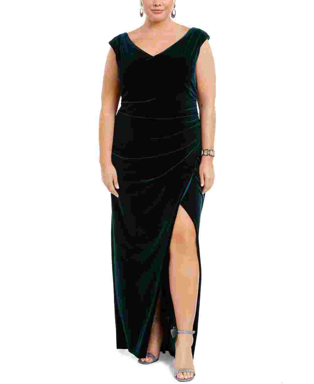 betsy-adam-womens-plus-ruched-velvet-gown-green-size-14w