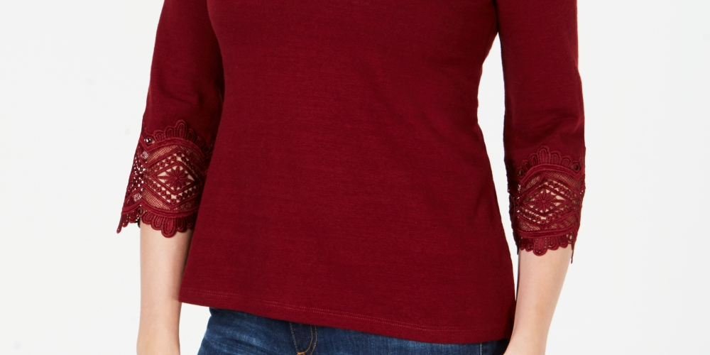 Charter Club Women's Cotton Lace Trim Top Red Size Petite Medium