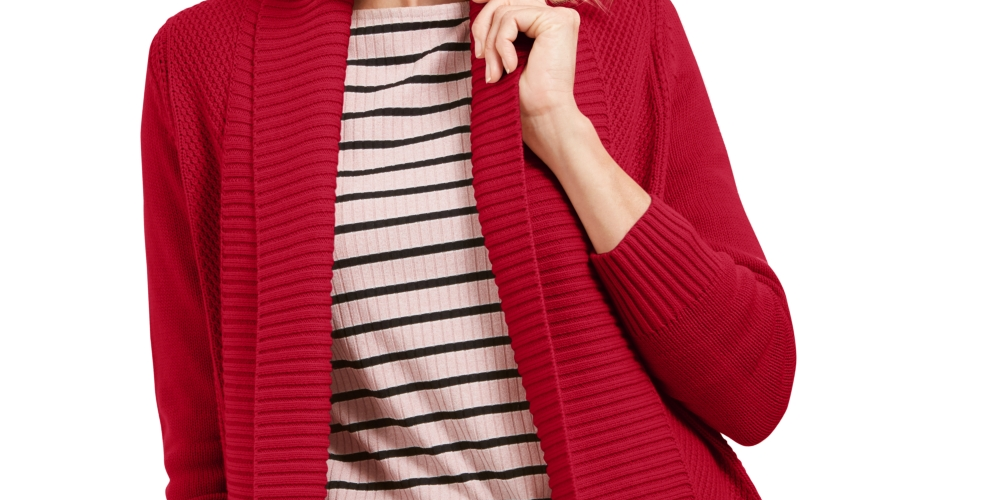 Charter Club Women's Shawl Collar Mixed Stitch Sweater Red Size Petite Medium