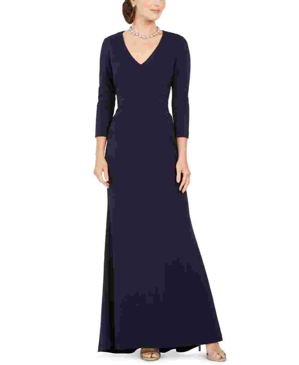 Jessica Howard Women's V Neck Rhinestone Stretch Gown Blue Size 12
