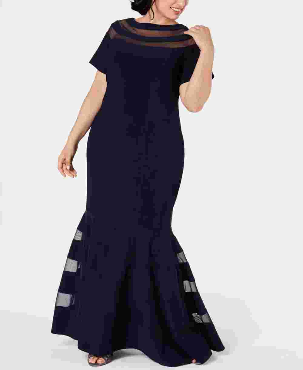 Xscape Women's Plus Illusion Panel Gown Navy Size 14W