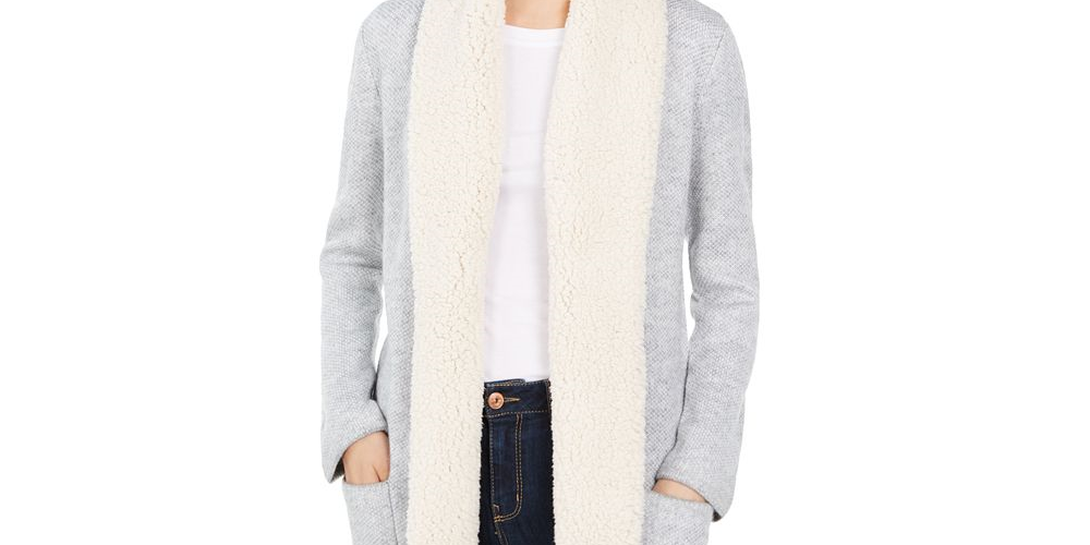 Style & Co Women's Sherpa Trim Open Front Cardigan White Size XL