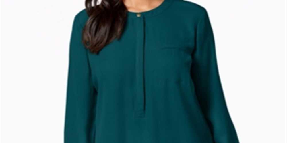 JM Collection Women's Pleated Button Down Blouse Teal Size XS