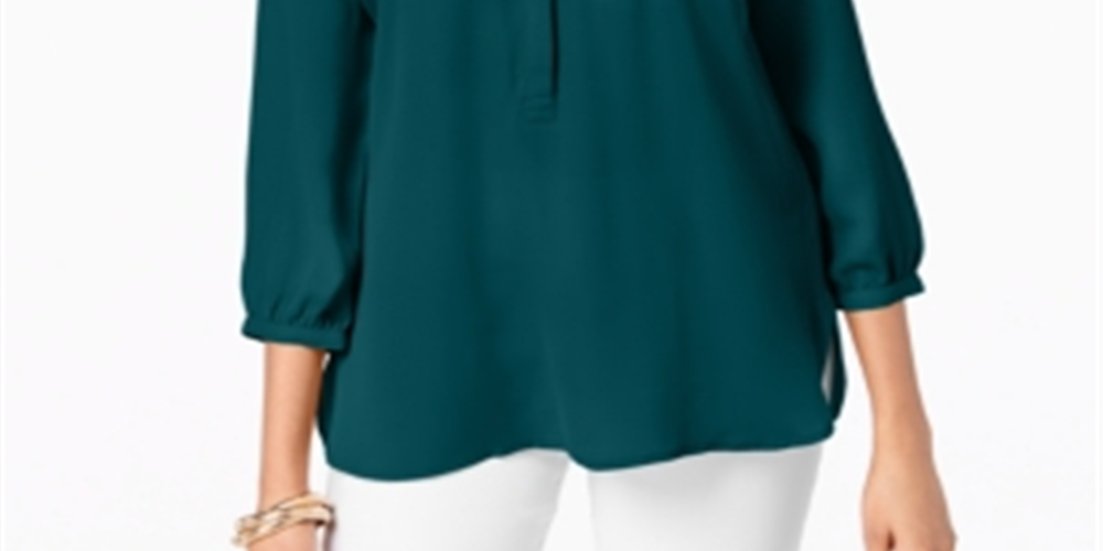 JM Collection Women's Pleated Button Down Blouse Teal Size XS