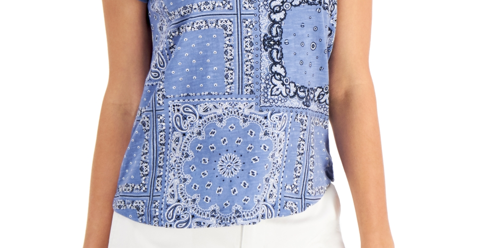 Style & Co Women's Printed Cotton V-Neck Top Blue Size Petite XS