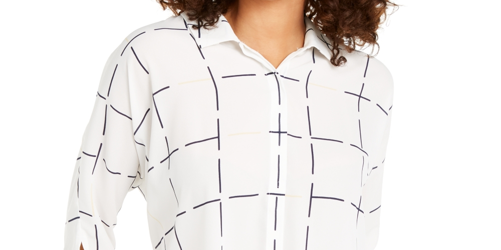 Alfani Women's Printed Tie Cuff Top White Size Petite L