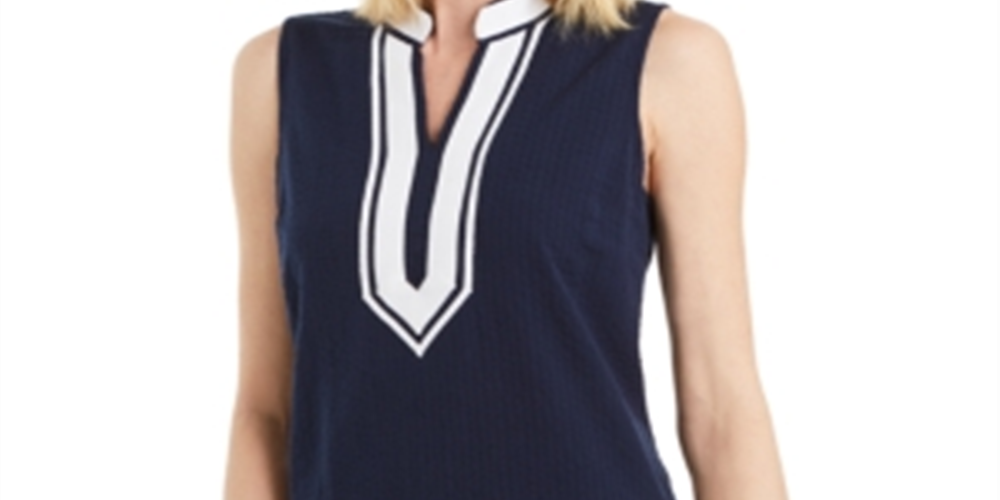 Charter Club Women's Seersucker Woven Tunic Top Blue Size Large