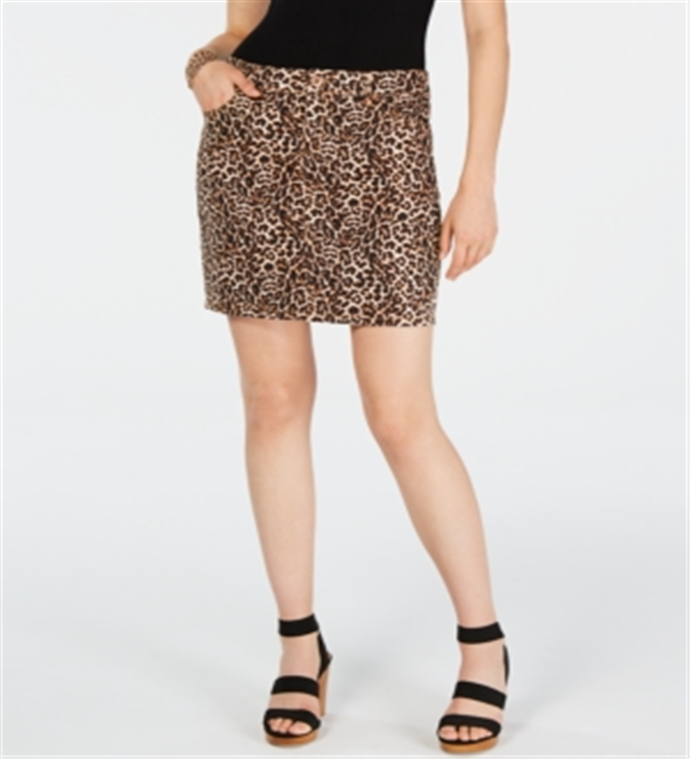 INC International Concepts Women's Leopard Print Denim Mini Skirt Brown Size 8