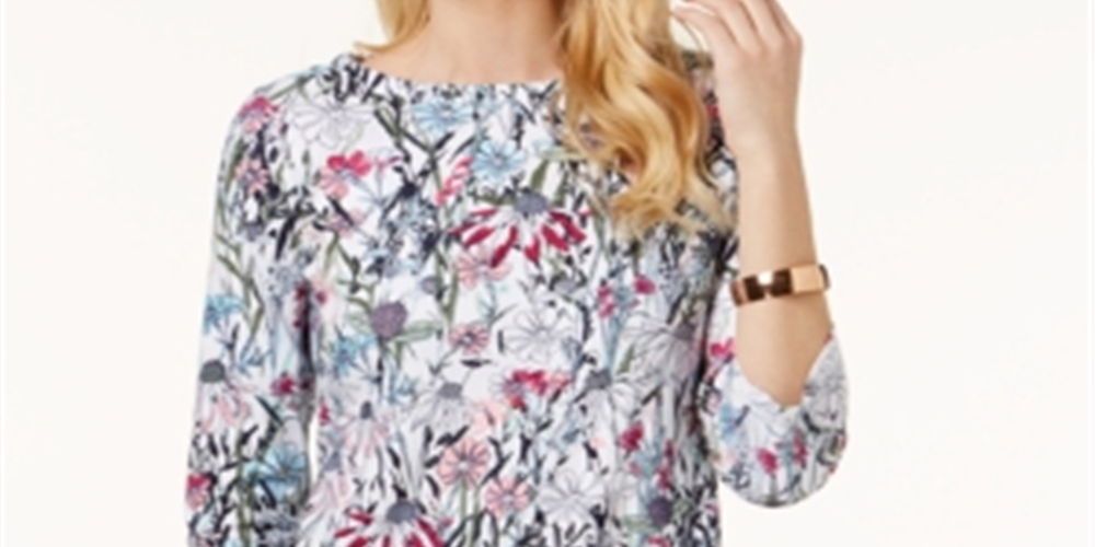 Charter Club Women's Button Shoulder Floral 3/4 Sleeve Top White Size Petite Small