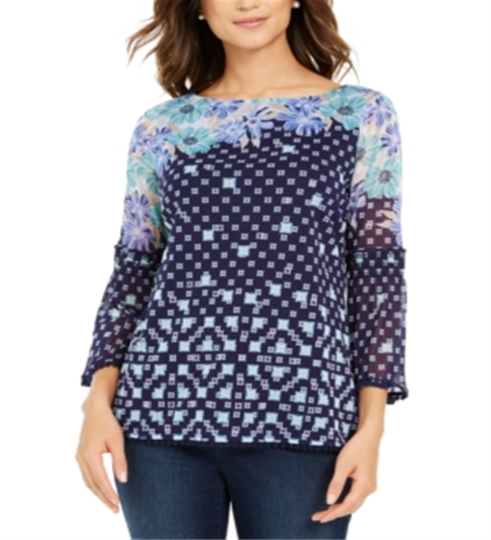 Charter Club Women's Printed Knit Mesh Top Blue Size XX-Large
