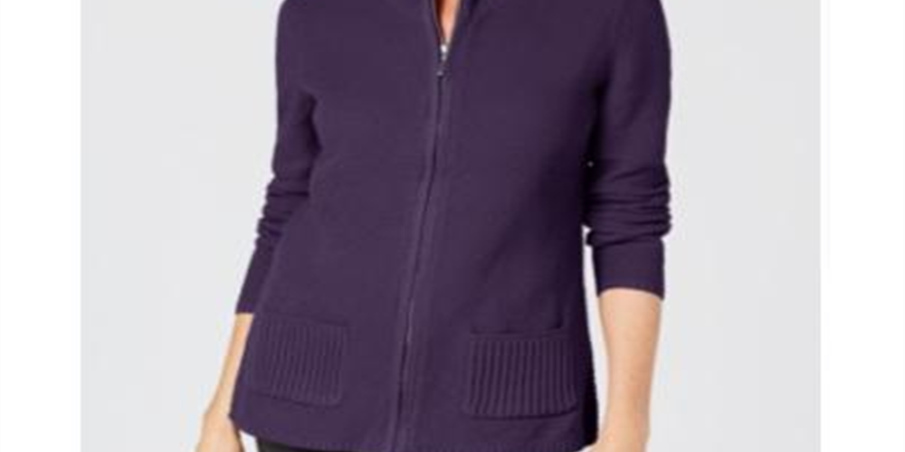 Karen Scott Women's Textured Zip Front Cardigan Purple Size X-Small